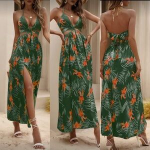 Tropical Green Maxi Dress with Floral Print and Tied Back size M